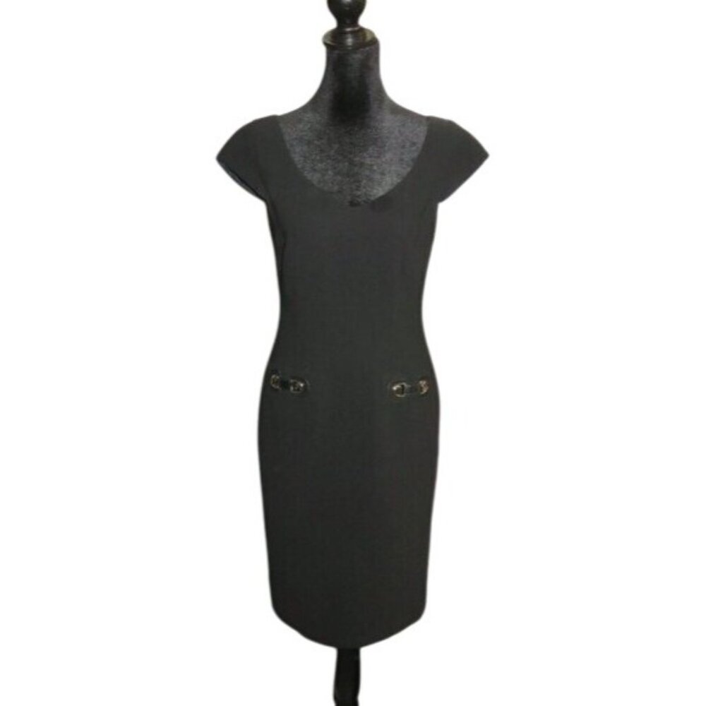 Tahari Arthur Levine Black Midi Sheath Shift Tunic Dress Metal Accents sz 2